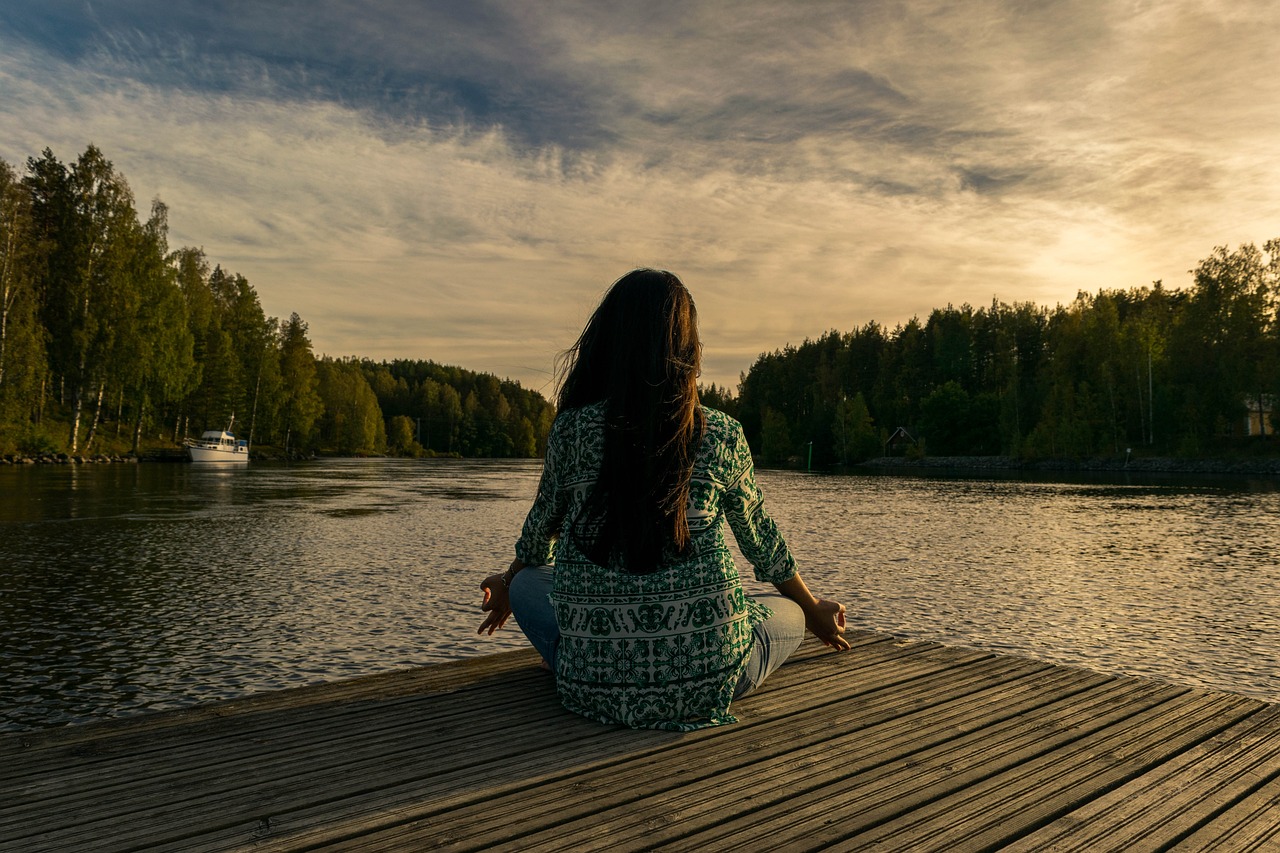yoga, woman, nature, lake, outdoors, lotus pose, meditation, mindfulness, balance, meditating, wellness, sunset, twilight